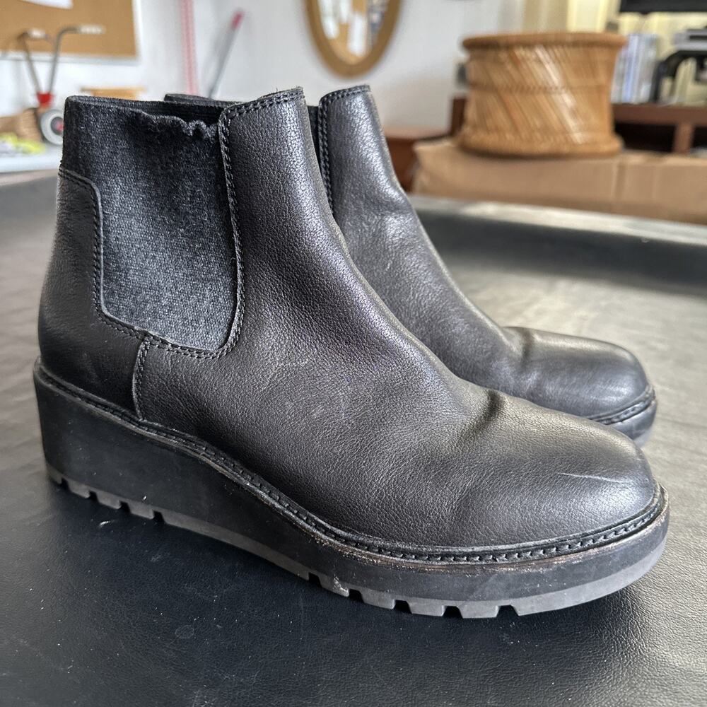 Eileen Fisher Chelsea Boot Black Leather Nubuck Pull On Wedge Size 8 - 505